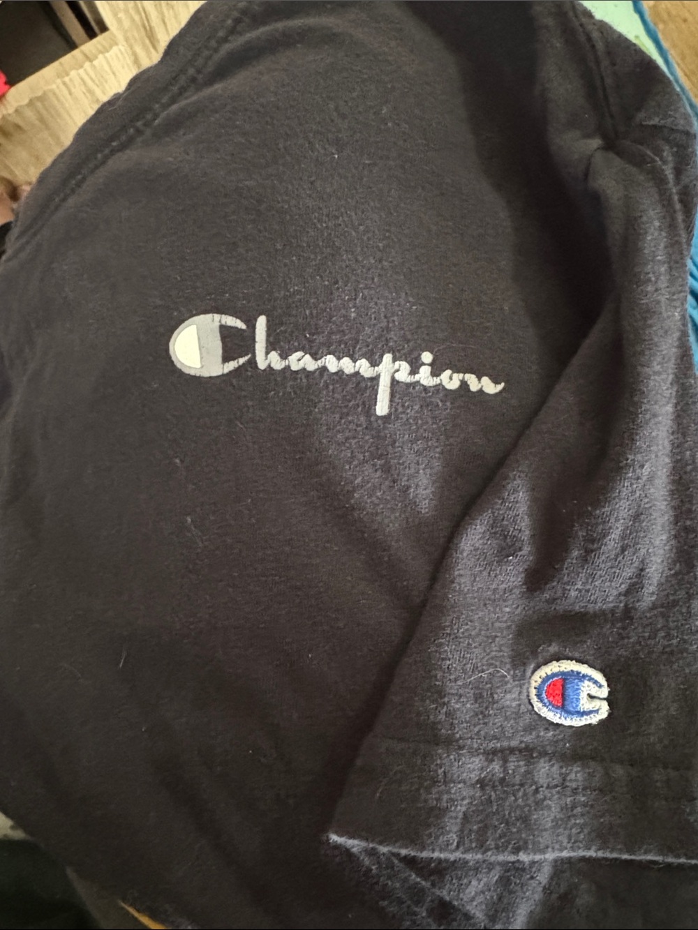Champion Black Tee with White Script and Embroidered Sleeve C